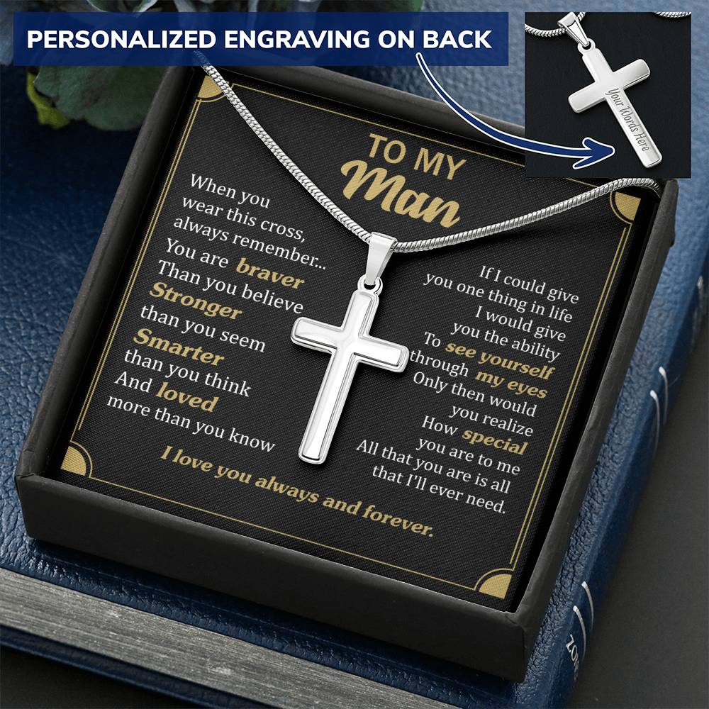 For Your Man - Braver - Cross Customize Engraved Cross Necklace