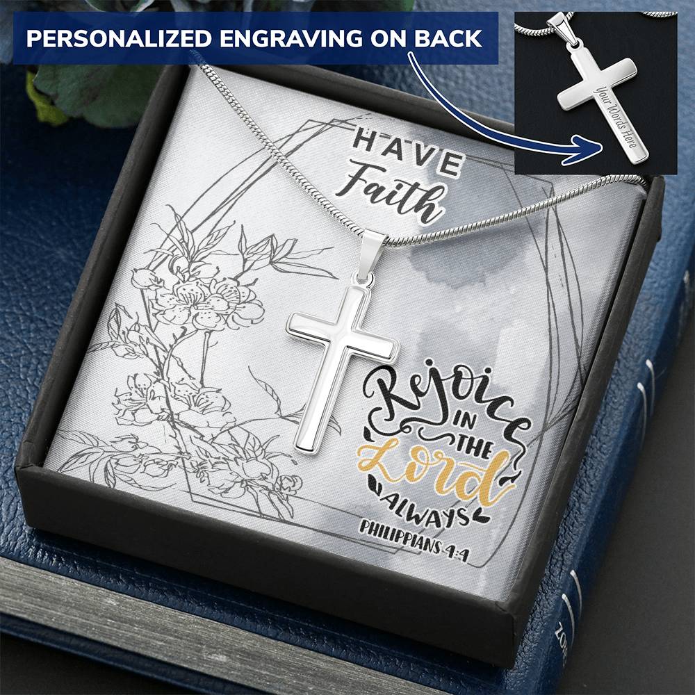 Dad To Son Gifts - Rejoice In The Lord Always Customize Engraved Cross Necklace