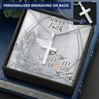 Dad To Son Gifts Cross Necklace Chain Bible Verse - Let Go & Let God Customize Engraved Cross Necklace