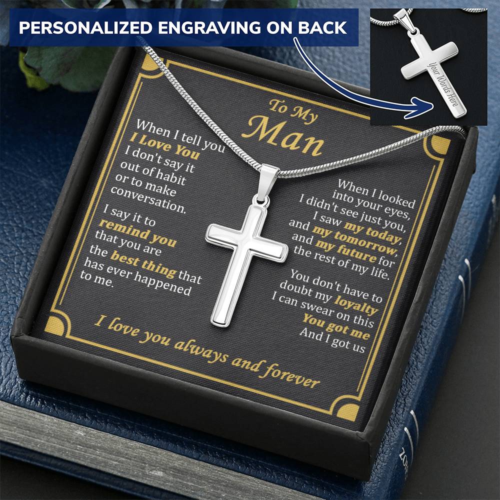 For Your Man - Look Into Your Eyes - Cross Customize Engraved Cross Necklace