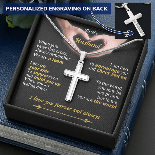 For Husband - I Am On Your Side - Cross Customize Engraved Cross Necklace