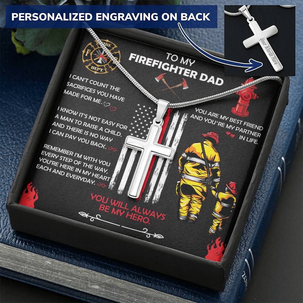 Firefighter Dad Gift- Father's Day Gift For Firefighter- Firefighter Gift- Firefighter Cross Necklace Customize Engraved Cross Necklace