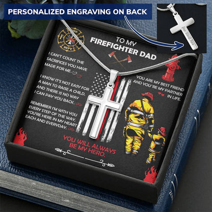 Firefighter Dad Gift- Father's Day Gift For Firefighter- Firefighter Gift- Firefighter Cross Necklace Customize Engraved Cross Necklace