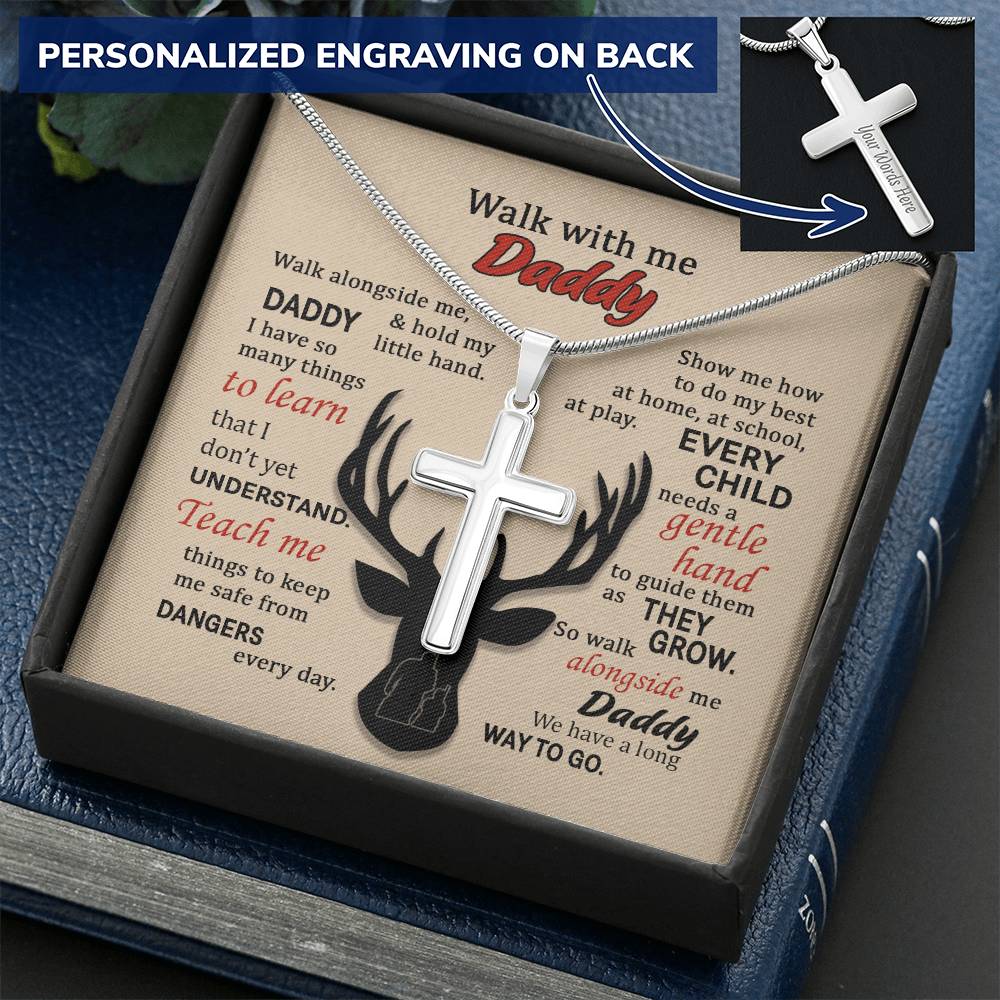 For Dad - Walk With Me - Cross Customize Engraved Cross Necklace