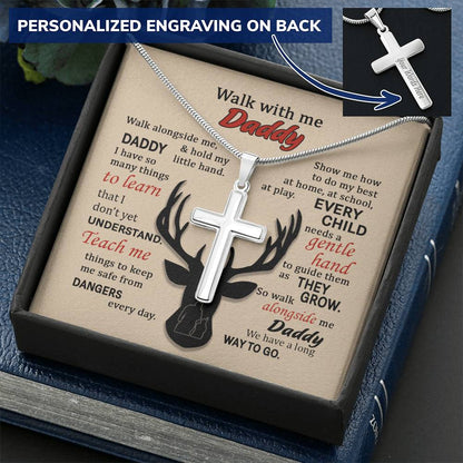 For Dad - Walk With Me - Cross Customize Engraved Cross Necklace