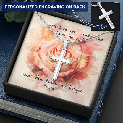 Cross Necklace - Engravable - Pink Rose Message Card Customize Engraved Cross Necklace