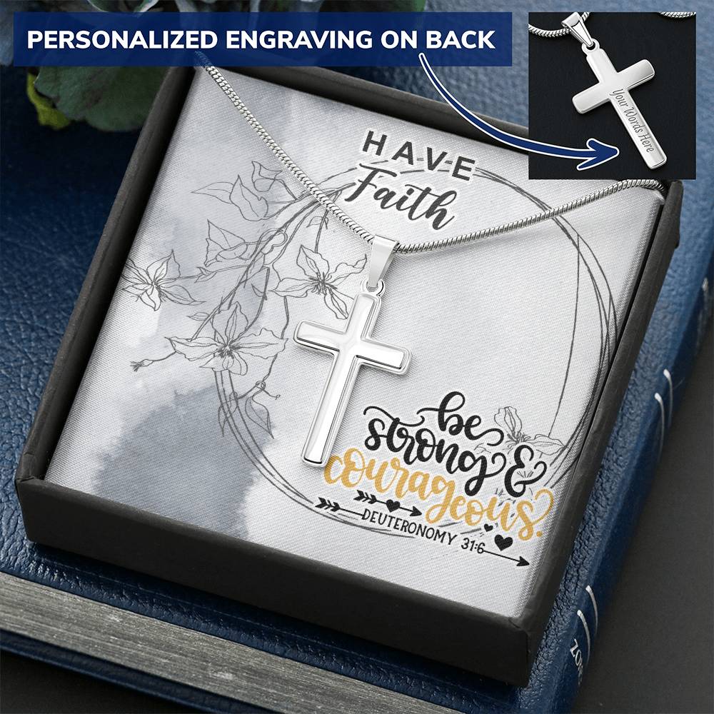 Dad To Son Gifts - Be Strong & Courageous Customize Engraved Cross Necklace