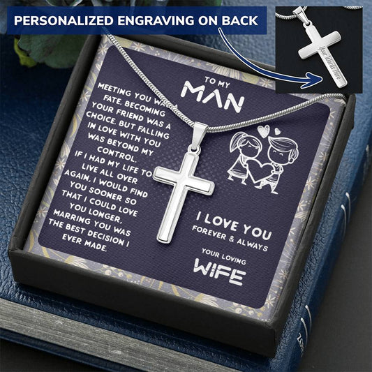 Anniversary Gift For Husband  Gift For Husband From Wife. Customize Engraved Cross Necklace