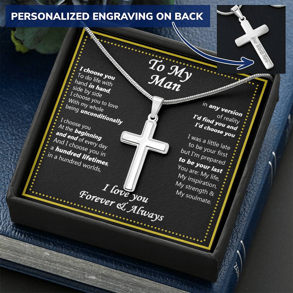 For Your Man - I Choose You - Cross Customize Engraved Cross Necklace