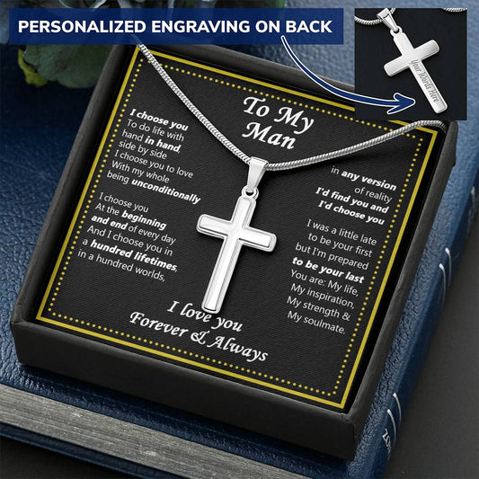 For Your Man - I Choose You - Cross Customize Engraved Cross Necklace