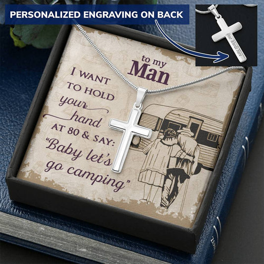 For Husband - Let's Go Camping - Cross Customize Engraved Cross Necklace