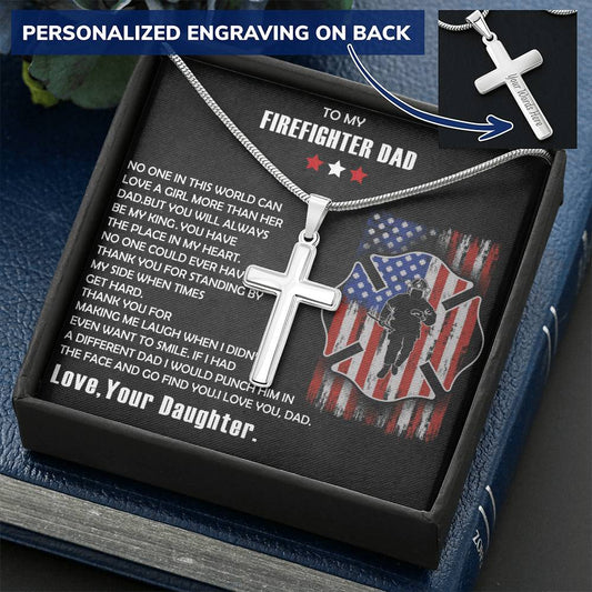 Firefighter Dad Gift-Firefighter Dad Cross Necklace-Father's Day Gift For Firefighter Customize Engraved Cross Necklace
