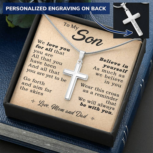 For Son - Be With You - Cross Customize Engraved Cross Necklace