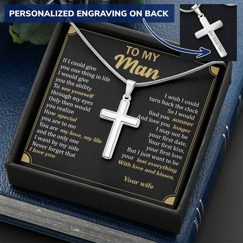 For Your Man - Love You Longer - Cross Customize Engraved Cross Necklace