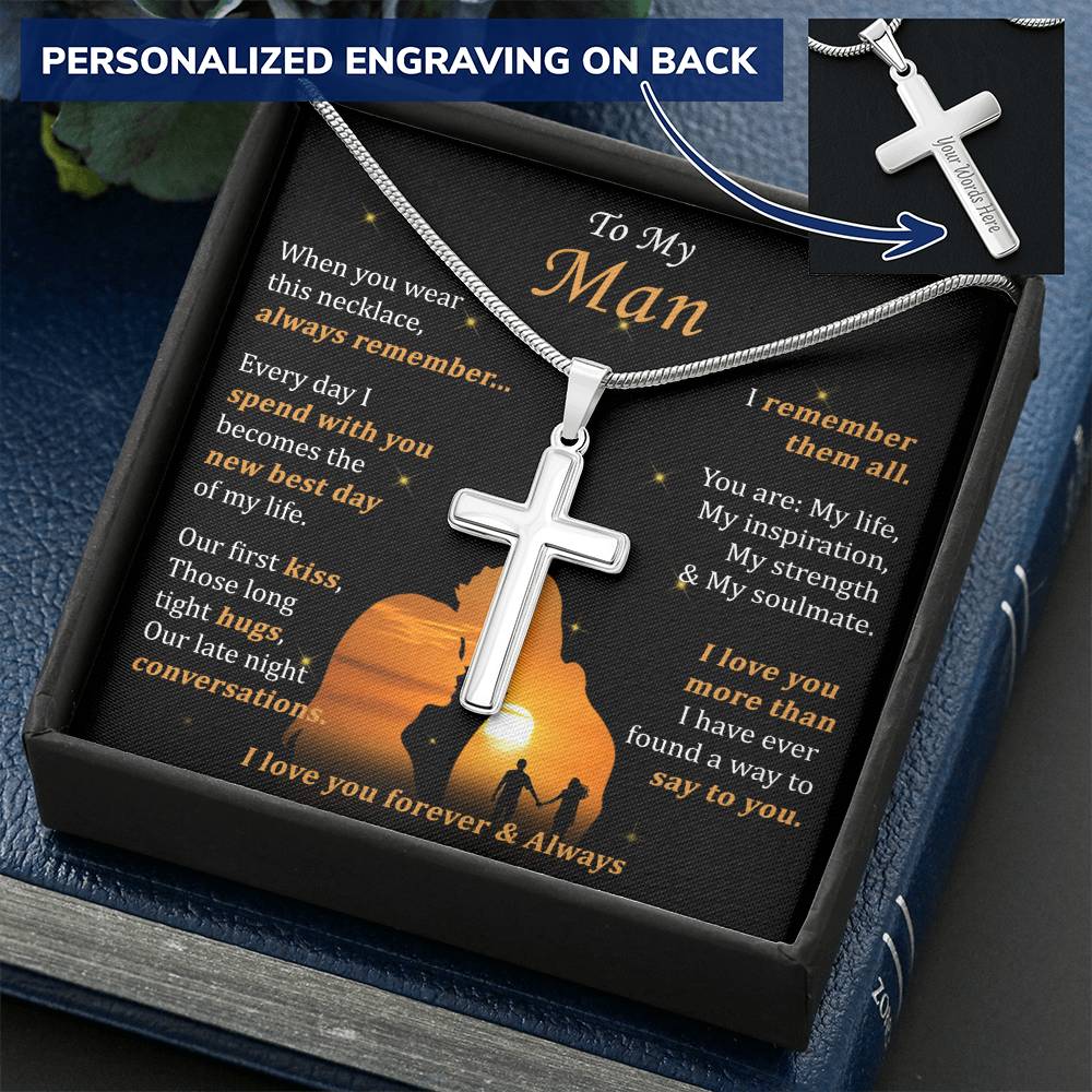 For Your Man - Long Tight Hugs - Cross Customize Engraved Cross Necklace