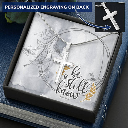 Dad To Son Gifts Cross Necklace Chain Bible Verse - Be Still & Know Customize Engraved Cross Necklace