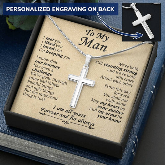 For Your Man - Keeping You - Cross Customize Engraved Cross Necklace