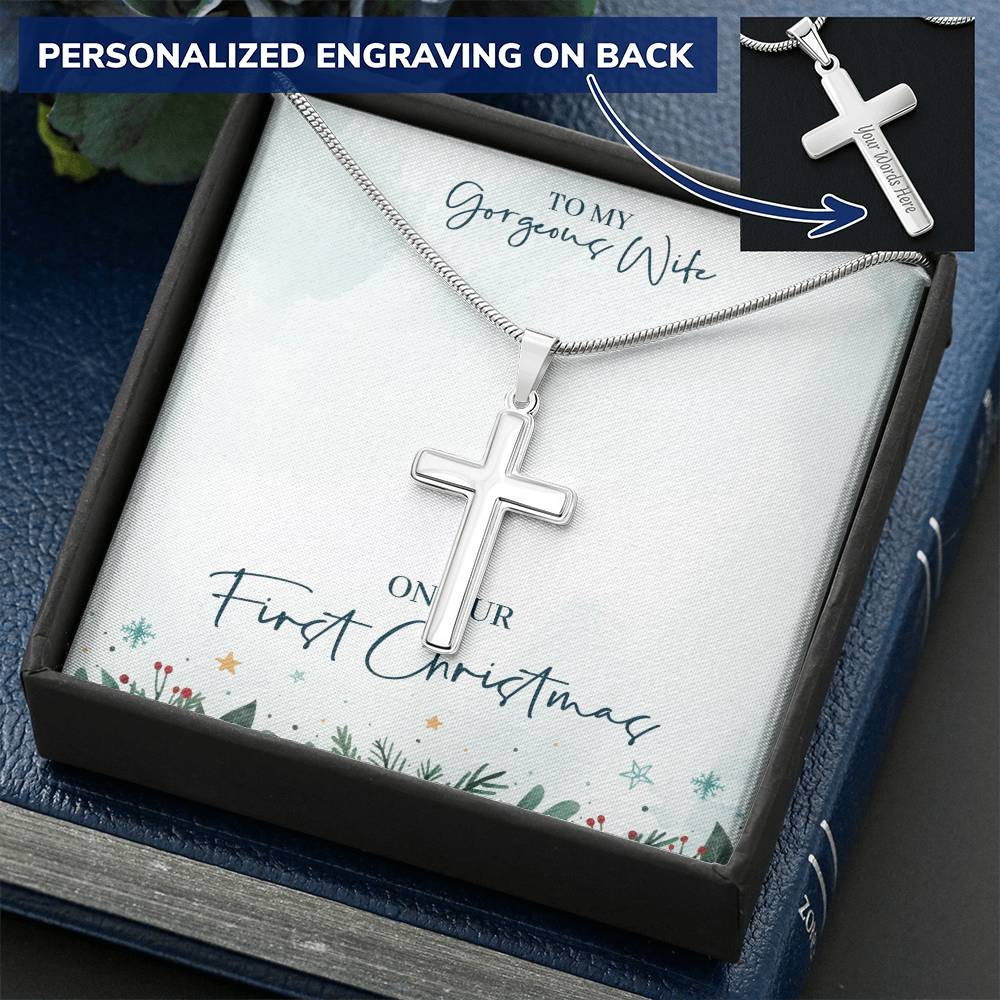 Christmas Gift - Customize Cross Necklace With Mahogany Style Luxury Box Customize Engraved Cross Necklace