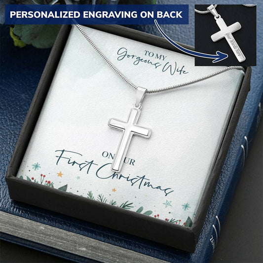 Christmas Gift - Customize Cross Necklace With Mahogany Style Luxury Box Customize Engraved Cross Necklace