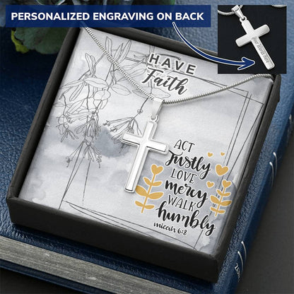 Dad To Son Gifts - Act Justly Love Mercy Walk Humbly Customize Engraved Cross Necklace