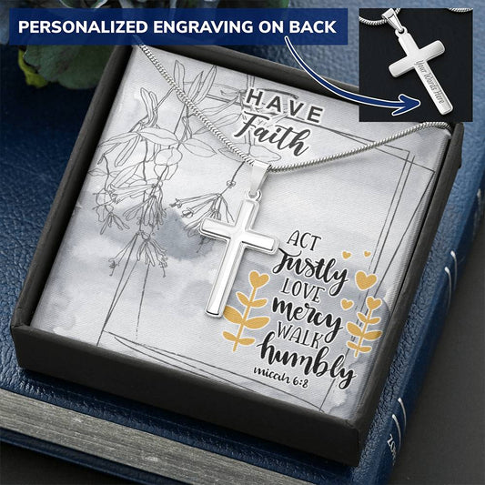 Dad To Son Gifts - Act Justly Love Mercy Walk Humbly Customize Engraved Cross Necklace