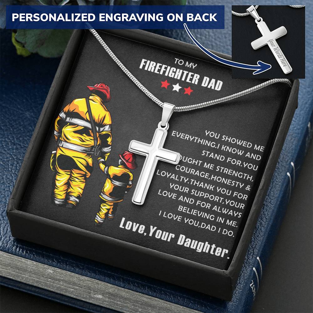 Firefighter Gift- Firefighter Cross Necklace- Father's Day Gift For Firefighter Customize Engraved Cross Necklace