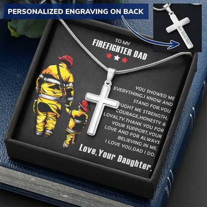 Firefighter Gift- Firefighter Cross Necklace- Father's Day Gift For Firefighter Customize Engraved Cross Necklace