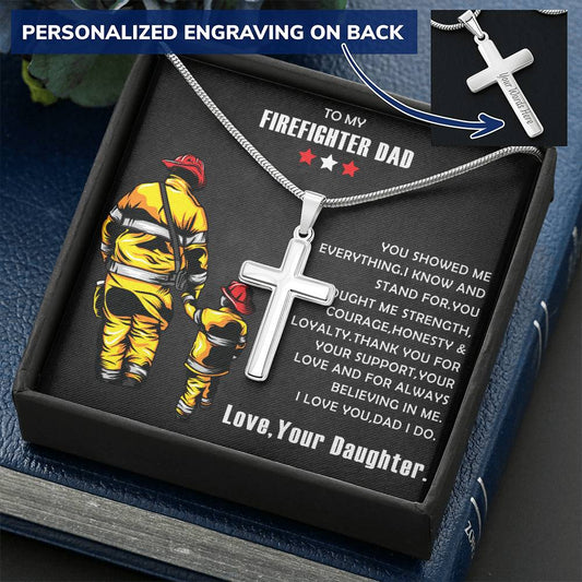 Firefighter Gift- Firefighter Cross Necklace- Father's Day Gift For Firefighter Customize Engraved Cross Necklace