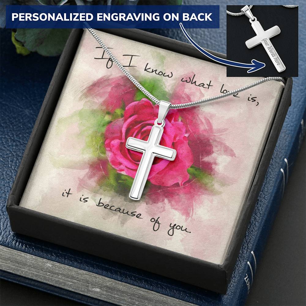 Cross Necklace - Engravable - Red Rose Message Card Customize Engraved Cross Necklace