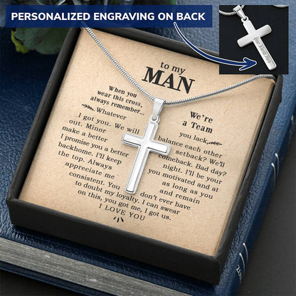 For Your Man - Balance Each Other - Cross Customize Engraved Cross Necklace