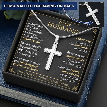 For Husband - Blue Oceans - Cross Customize Engraved Cross Necklace