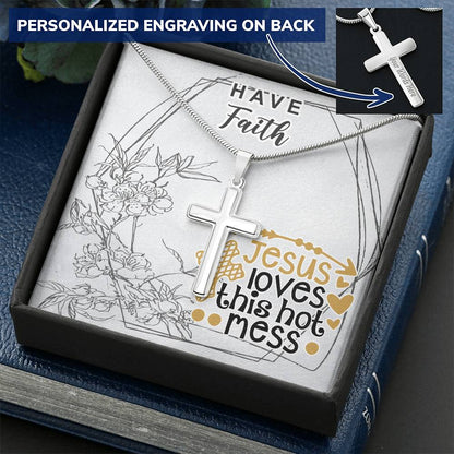 Dad To Son Gifts Cross Necklace Chain Bible Verse - Jesus Loves This Hot Mess Customize Engraved Cross Necklace