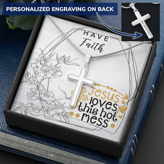 Dad To Son Gifts Cross Necklace Chain Bible Verse - Jesus Loves This Hot Mess Customize Engraved Cross Necklace