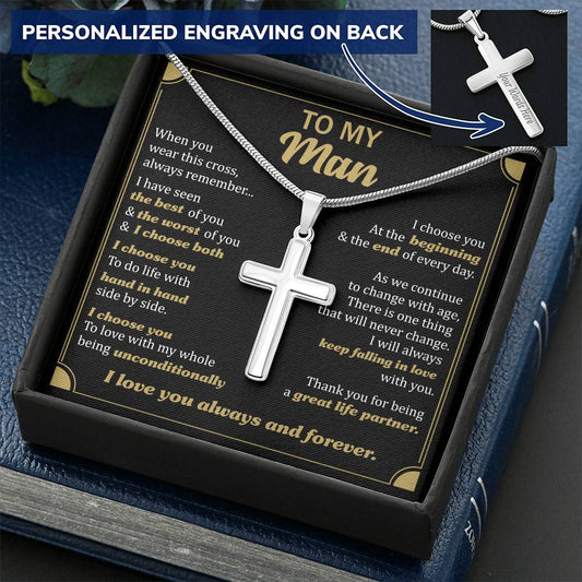 For Your Man - Always Keep Falling In Love - Cross Customize Engraved Cross Necklace
