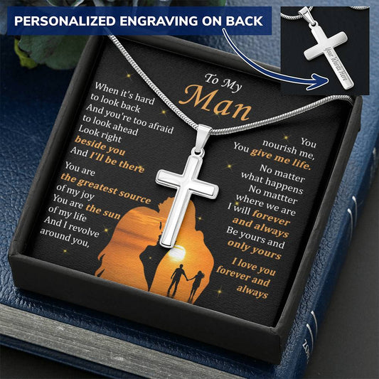For Your Man - Afraid To Look Ahead - Cross Customize Engraved Cross Necklace