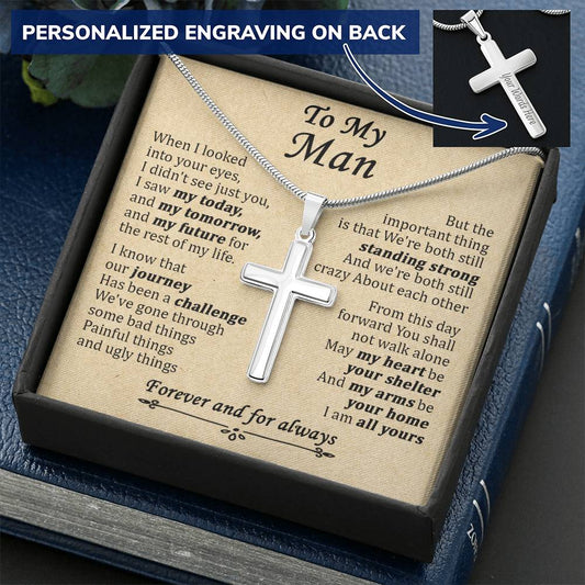 For Your Man - For Always - Cross Customize Engraved Cross Necklace