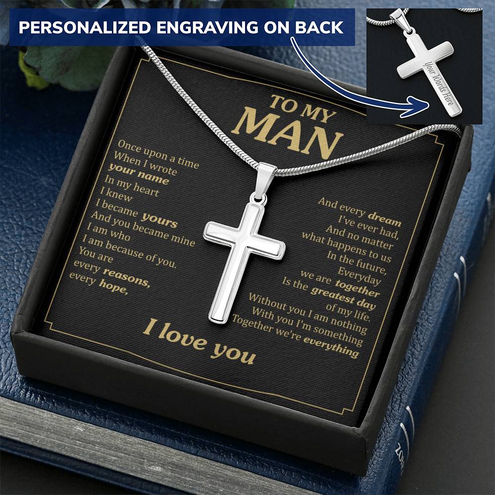 For Your Man - In My Heart - Cross Customize Engraved Cross Necklace