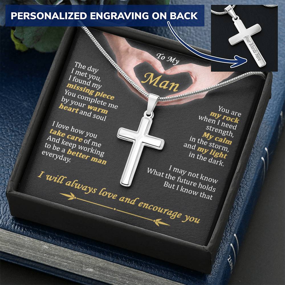 For Your Man - Warm Heart - Cross Customize Engraved Cross Necklace