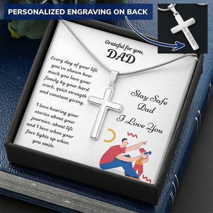 Cross Necklace Gift - Stay Safe Dad Customize Engraved Cross Necklace