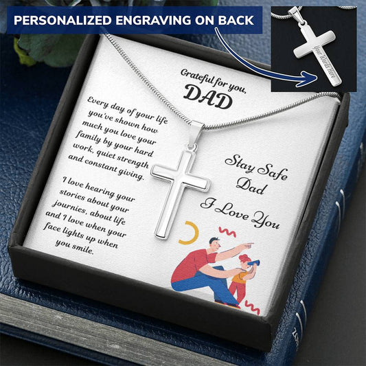 Cross Necklace Gift - Stay Safe Dad Customize Engraved Cross Necklace