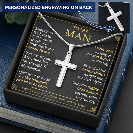 For Your Man - Blue Oceans - Cross Customize Engraved Cross Necklace