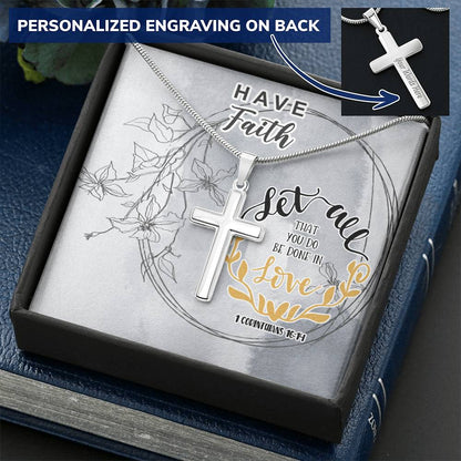 Dad To Son Gifts - Let All That You Do Be Done In Love Customize Engraved Cross Necklace