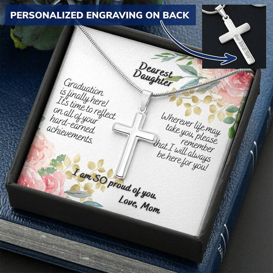 Dearest Daughter Graduation Engravable Cross Necklace Customize Engraved Cross Necklace