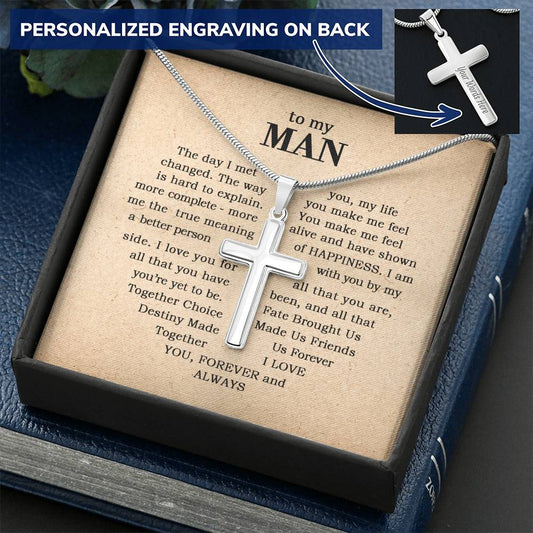 For Your Man - The Day I Met You - Cross Customize Engraved Cross Necklace