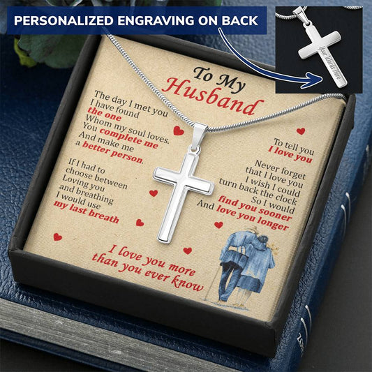 For Husband - Loving You And Breathing - Cross Customize Engraved Cross Necklace
