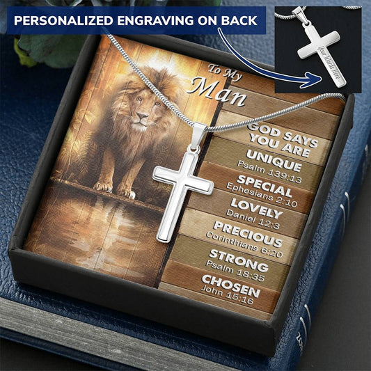 For Your Man - God Says - Cross Customize Engraved Cross Necklace