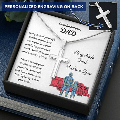 Cross Necklace Gift - Stay Safe Dad - Trucker Dad Customize Engraved Cross Necklace