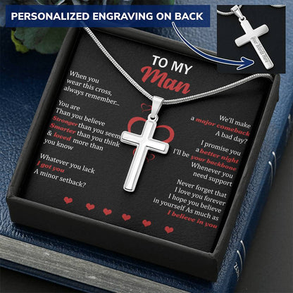 For Your Man - Stronger Than You Seem - Cross Customize Engraved Cross Necklace