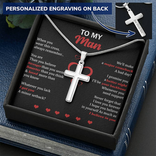 For Your Man - Stronger Than You Seem - Cross Customize Engraved Cross Necklace