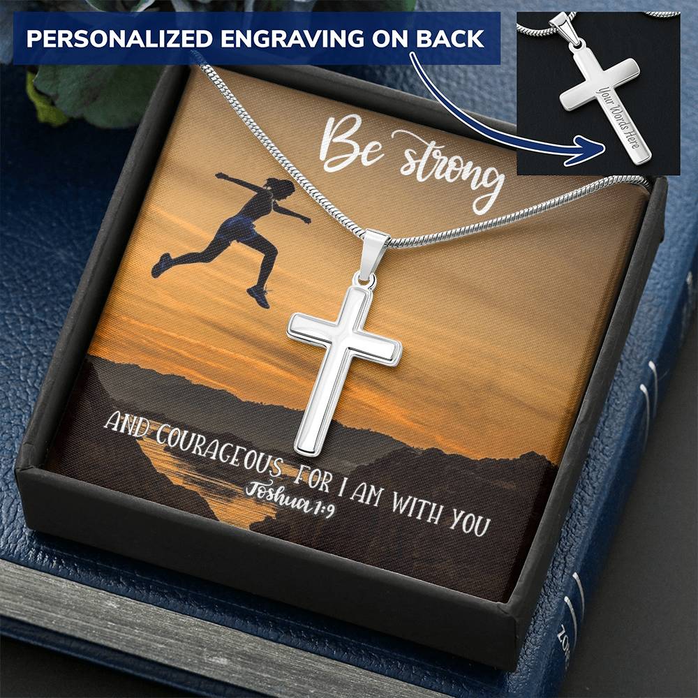 Cross Necklace Be Strong & Courageous Joshua 19 Bible Verse Customize Engraved Cross Necklace